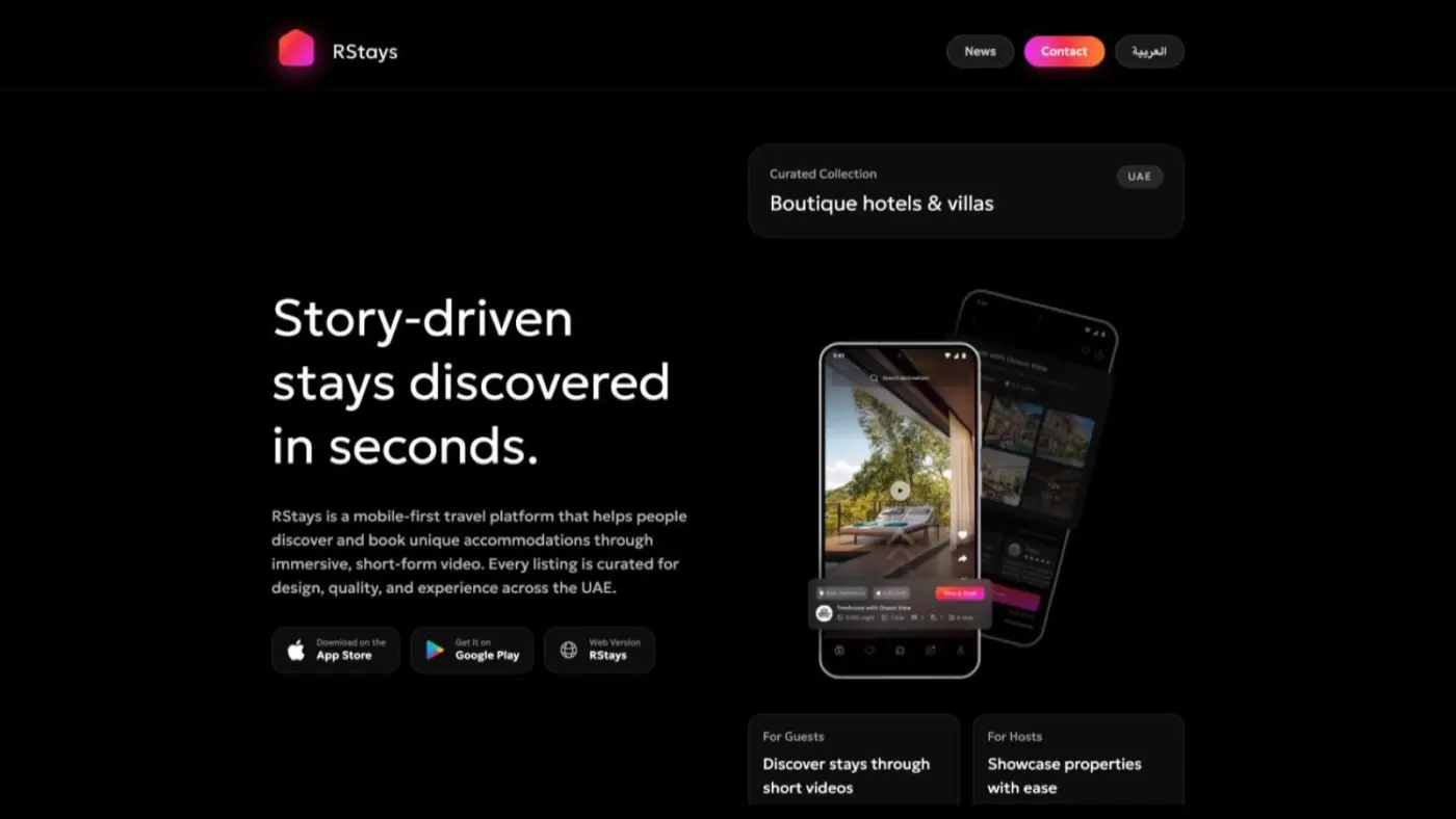 The RStays home page, showing the mobile app's video-first listing feed